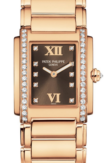 Patek Philippe 4910/11R-010 Twenty~4 Ladies Medium 26 x 30mm Brown Roman Diamond Set Rose Gold Quartz BRAND NEW