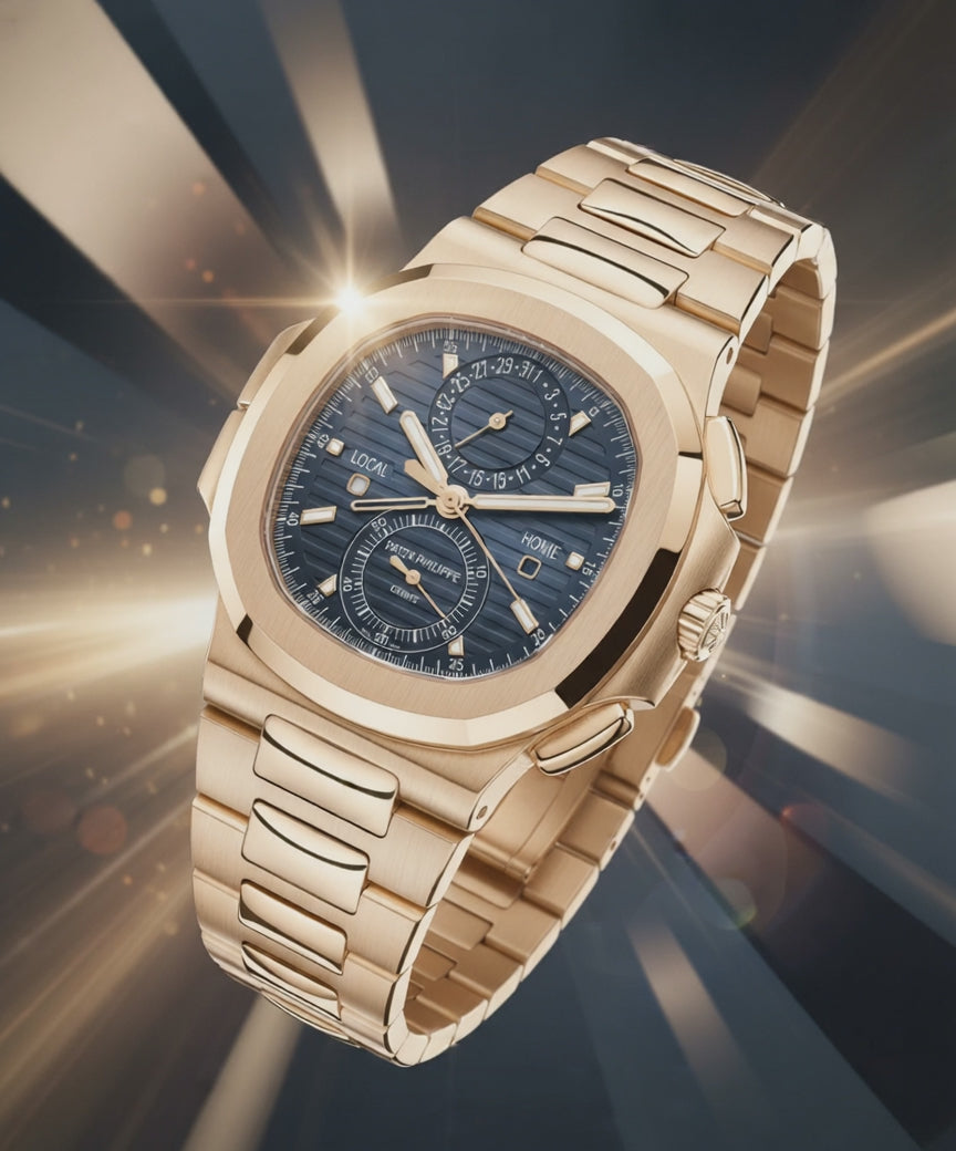 Patek Philippe Nautilus 5990/1R-001 Travel Time Chronograph Rose Gold Blue Dial