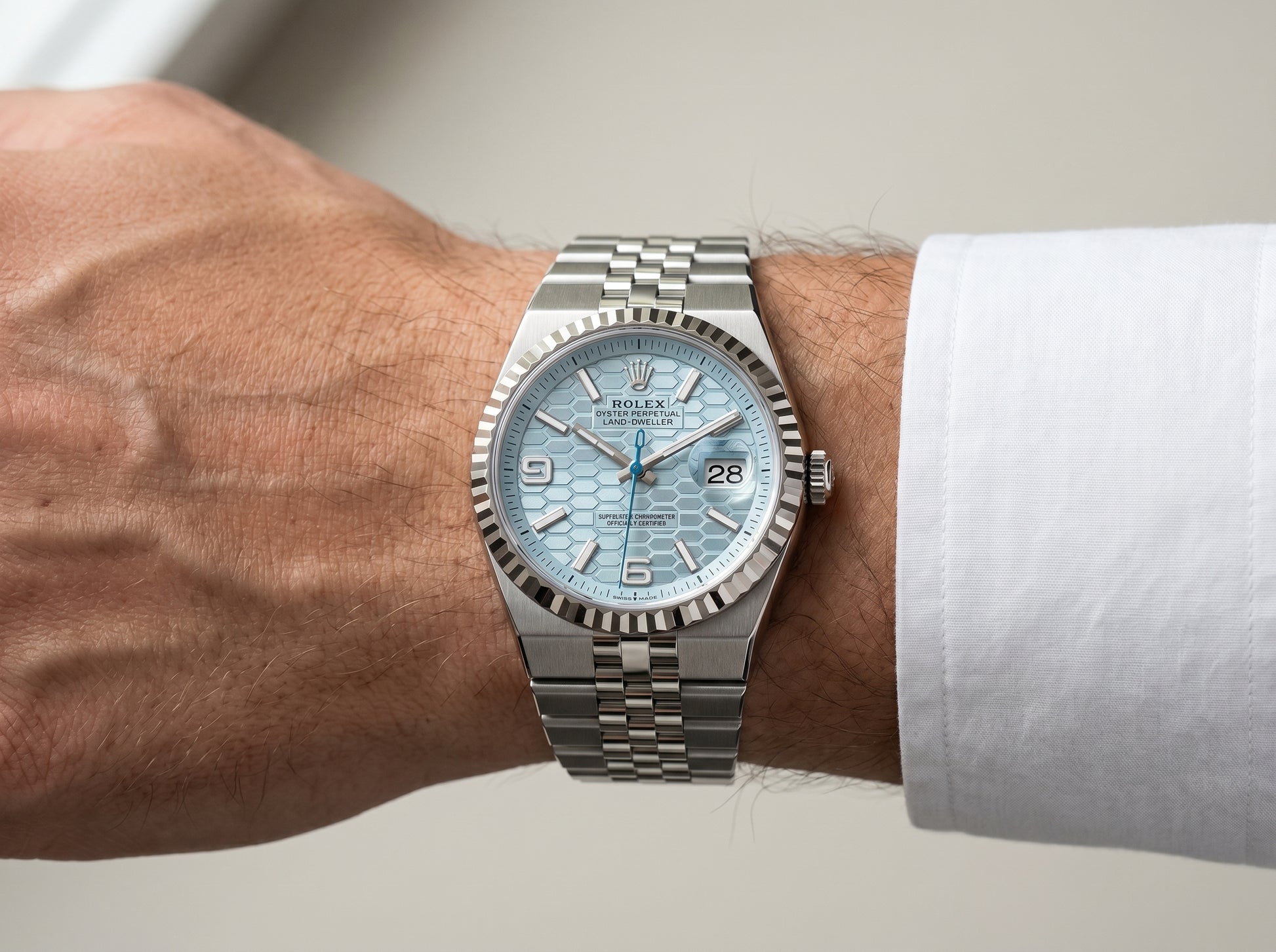 Rolex 36mm Platinum Ice Blue Dial Watch Reference 127236 — lifestyle wrist close-up