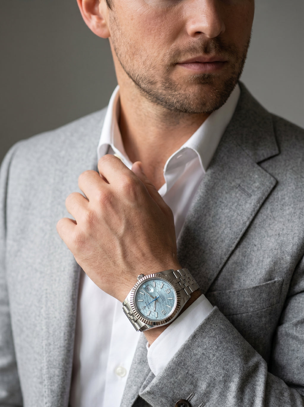 Rolex 36mm Platinum Ice Blue Dial Watch Reference 127236 — lifestyle editorial medium shot