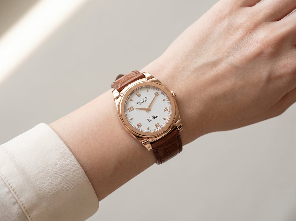 Rolex Cellini Cestello 26mm 5310-5 Rose Gold White Dial Leather Strap Smooth Bezel — lifestyle wrist close-up