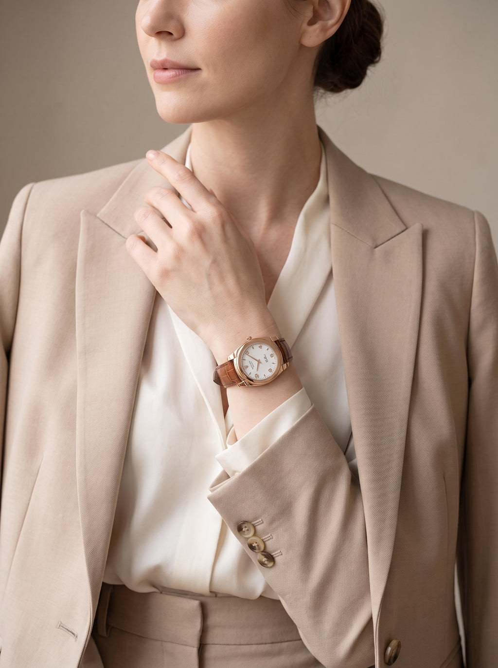 Rolex Cellini Cestello 26mm 5310-5 Rose Gold White Dial Leather Strap Smooth Bezel — lifestyle editorial medium shot