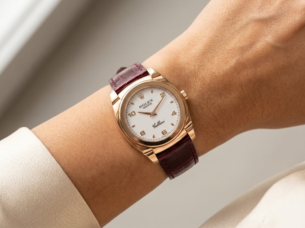 Rolex Cellini Cestello 32mm 5320-5 Rose Gold White Dial Leather Strap Domed Bezel — lifestyle wrist close-up