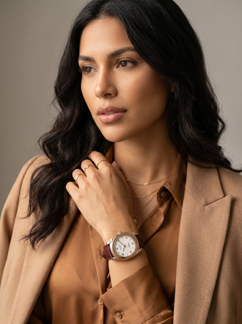 Rolex Cellini Cestello 32mm 5320-5 Rose Gold White Dial Leather Strap Domed Bezel — lifestyle editorial medium shot