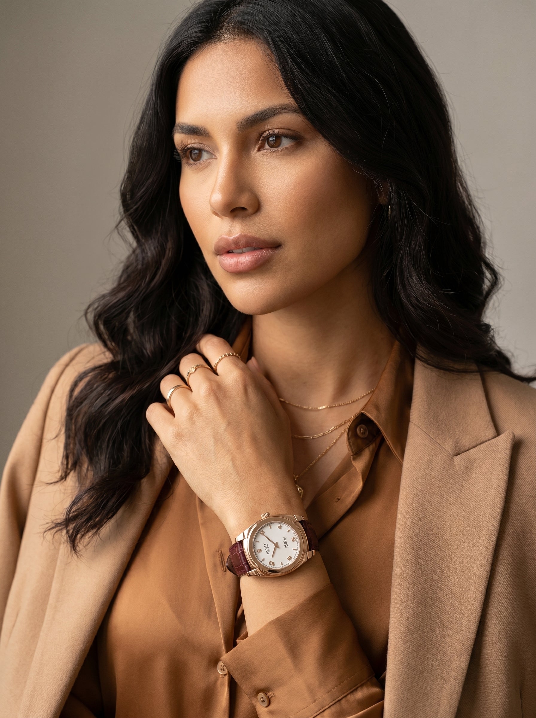 Rolex Cellini Cestello 32mm 5320-5 Rose Gold White Dial Leather Strap Domed Bezel — lifestyle editorial medium shot
