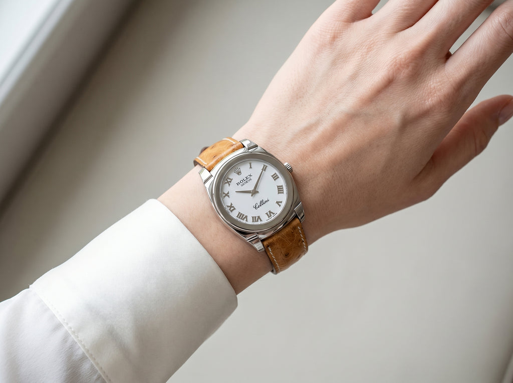 Rolex Cellini Cestello 36mm 5330-9 White Gold Roman Dial Ostrich Leather Manual Wind — lifestyle wrist close-up