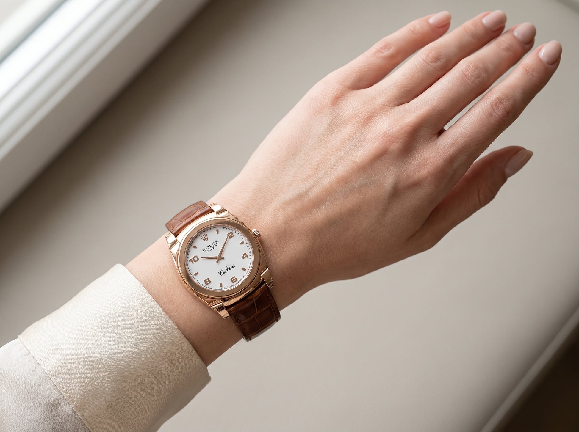 Rolex Cellini Cestello 5330/5 36mm Rose Gold White Dial Brown Leather Strap — lifestyle wrist close-up