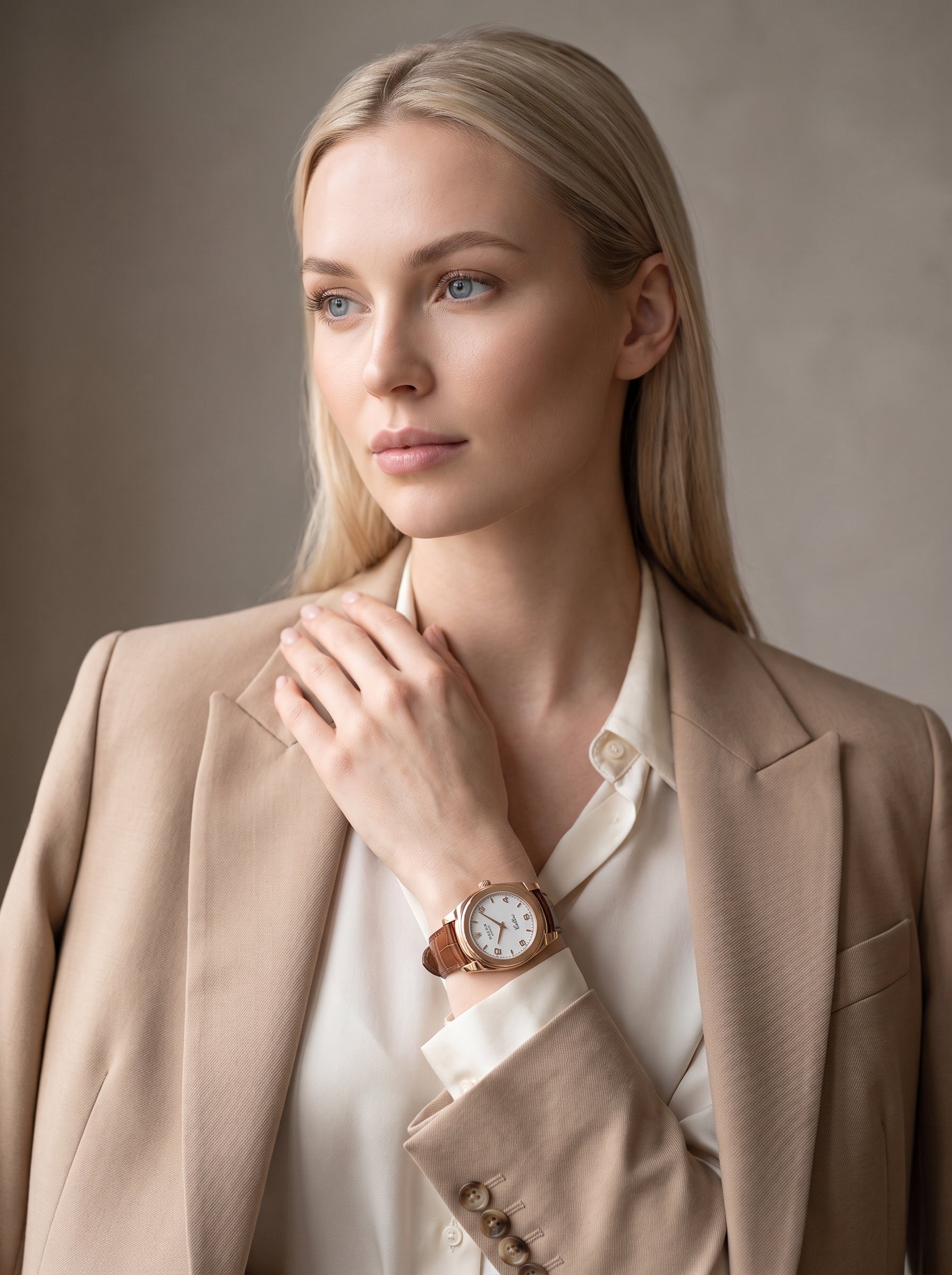Rolex Cellini Cestello 5330/5 36mm Rose Gold White Dial Brown Leather Strap — lifestyle editorial medium shot