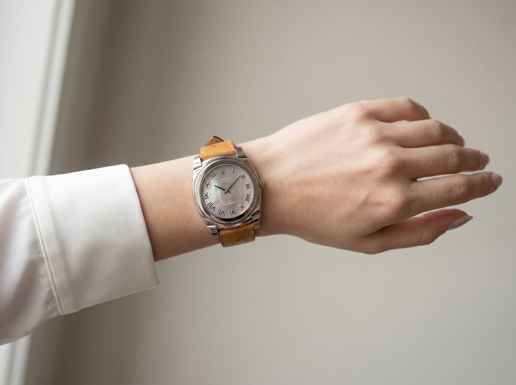 Rolex Cellini Cestello 26mm 5310-9 White Gold Mother Pearl Dial White Gold Bezel Leather Strap — lifestyle wrist close-up