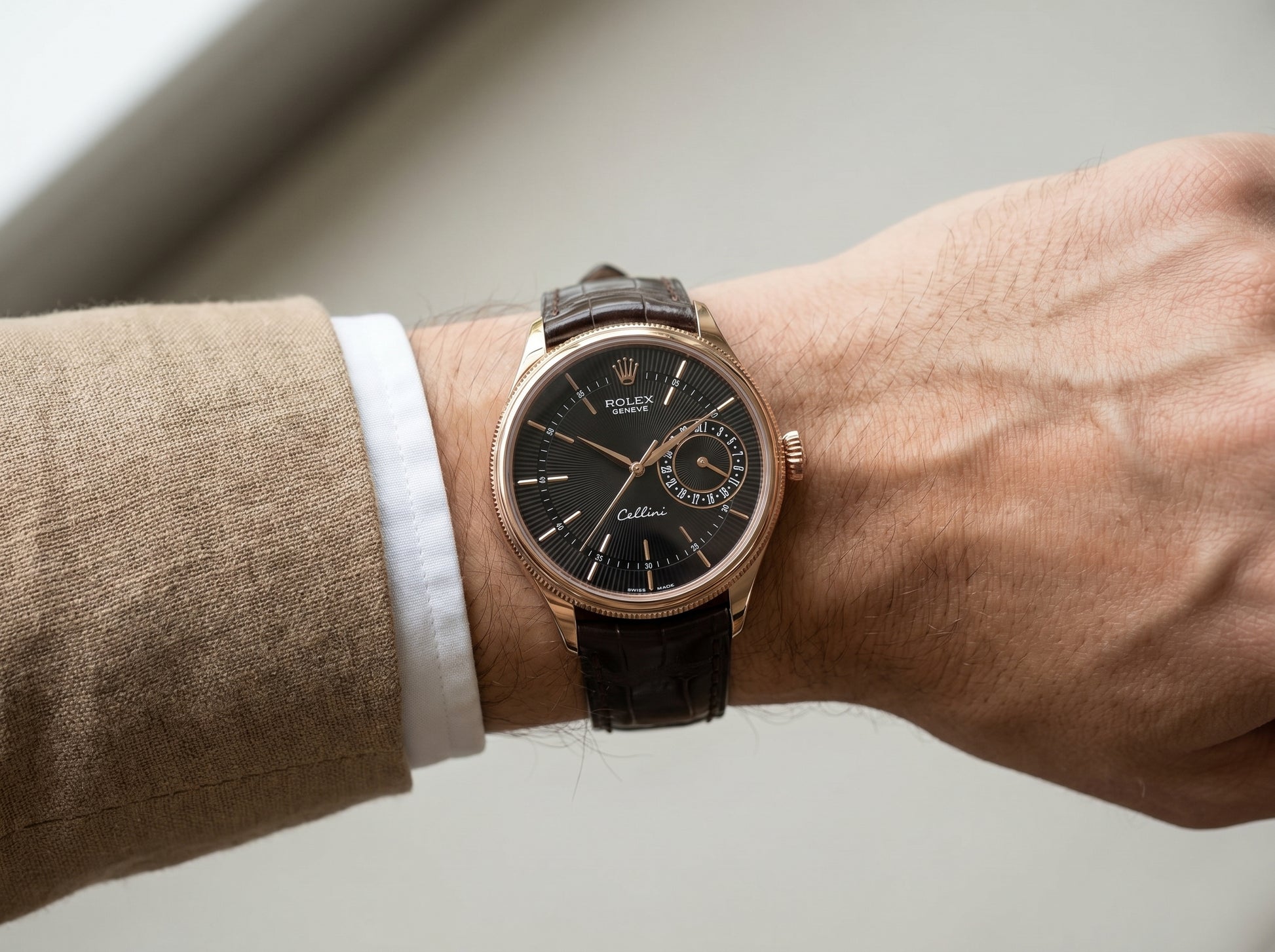 Rolex Cellini Date 39mm 50515 Rose Gold Black Guilloche Leather Strap Domed Bezel — lifestyle wrist close-up