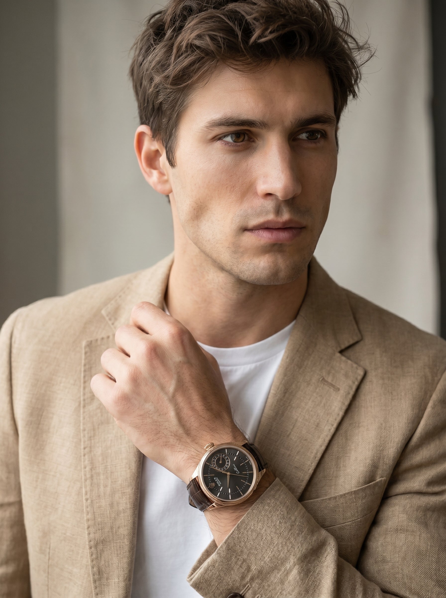 Rolex Cellini Date 39mm 50515 Rose Gold Black Guilloche Leather Strap Domed Bezel — lifestyle editorial medium shot