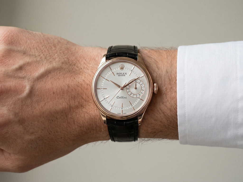 Rolex Cellini Date 50515 Rose Gold Silver Guilloche Men's Watch — lifestyle wrist close-up