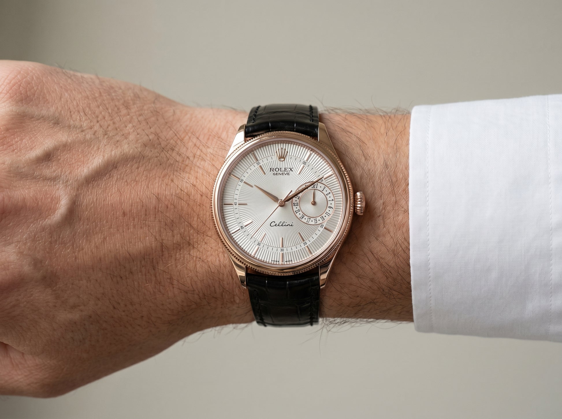 Rolex Cellini Date 50515 Rose Gold Silver Guilloche Men's Watch — lifestyle wrist close-up