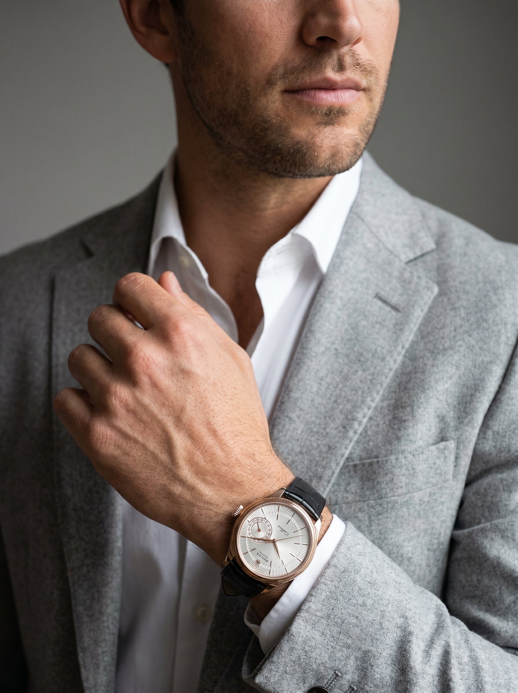 Rolex Cellini Date 50515 Rose Gold Silver Guilloche Men's Watch — lifestyle editorial medium shot