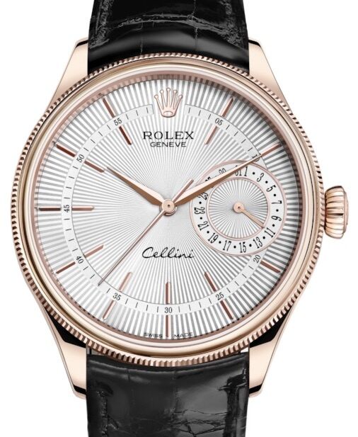 Rolex Cellini Date 50515 Rose Gold Silver Guilloche Men's Watch