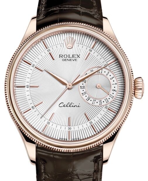 Rolex Cellini Date 50515 Rose Gold Silver Guilloche Dial Brown Leather Automatic