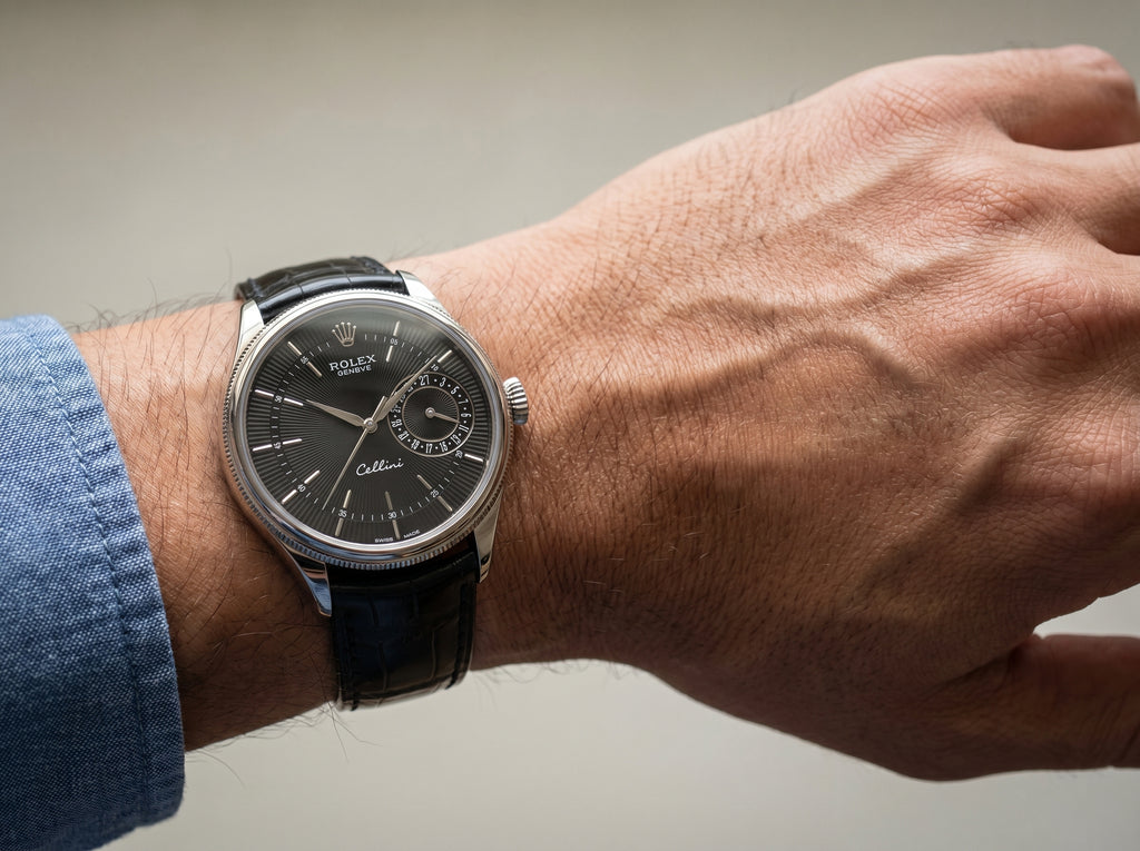 Rolex Cellini Date 50519 White Gold Black Guilloche Index Dial Leather Strap Domed Fluted Bezel — lifestyle wrist close-up