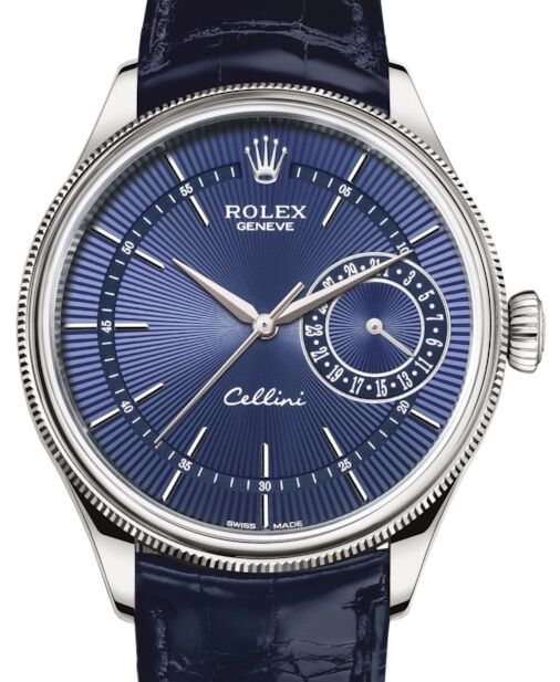 Rolex Cellini Date 39mm 50519 White Gold Blue Guilloche Leather Strap Domed Fluted Bezel