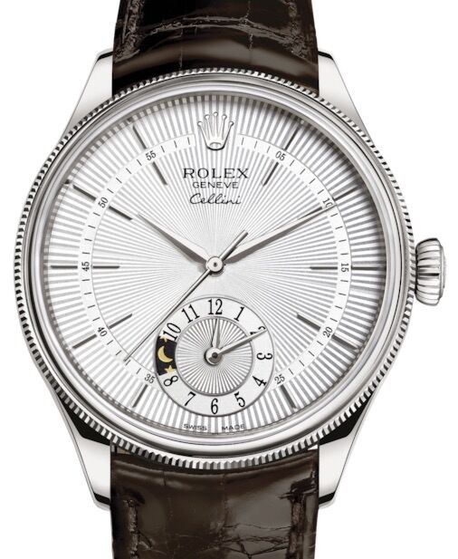 Rolex Cellini Dual Time 39mm 50529-0009 White Gold Silver Guilloche Tobacco Leather Domed Fluted Bezel