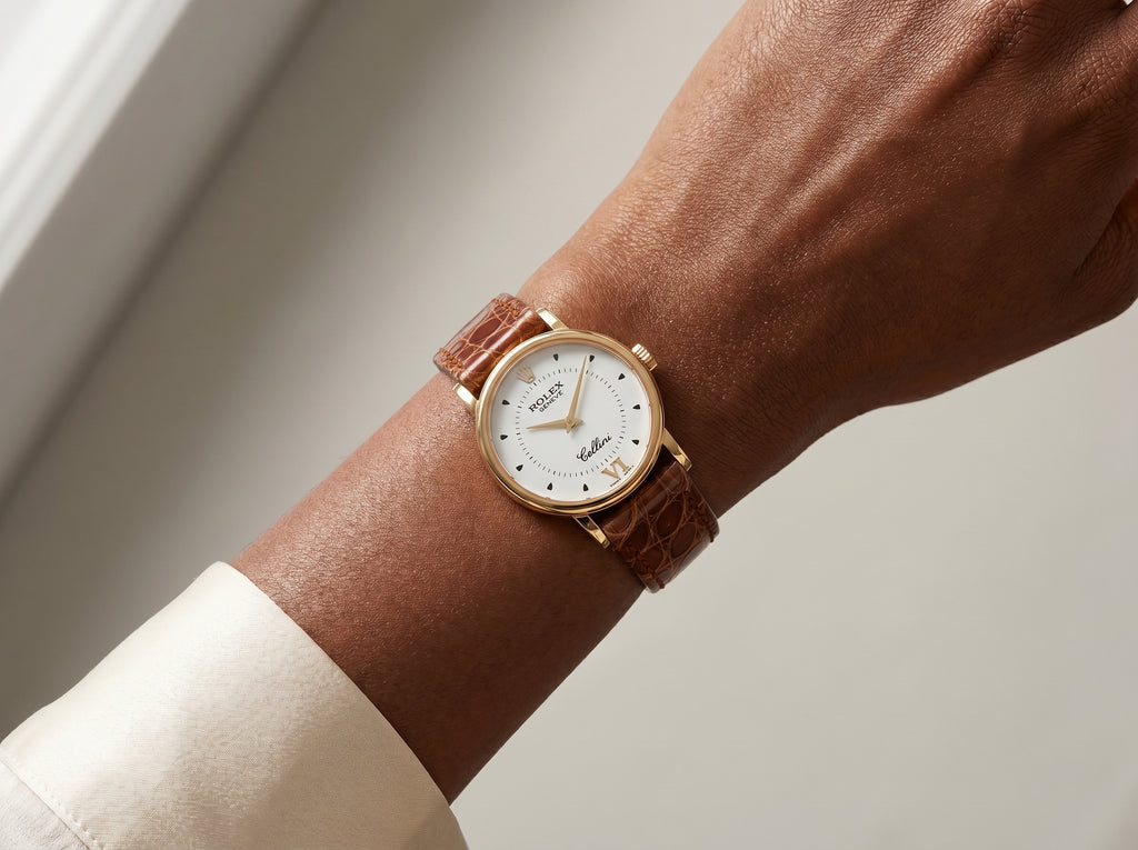 Rolex Cellini Quartz 6110-8 26mm Yellow Gold White Dial Roman Numerals Brown Leather — lifestyle wrist close-up
