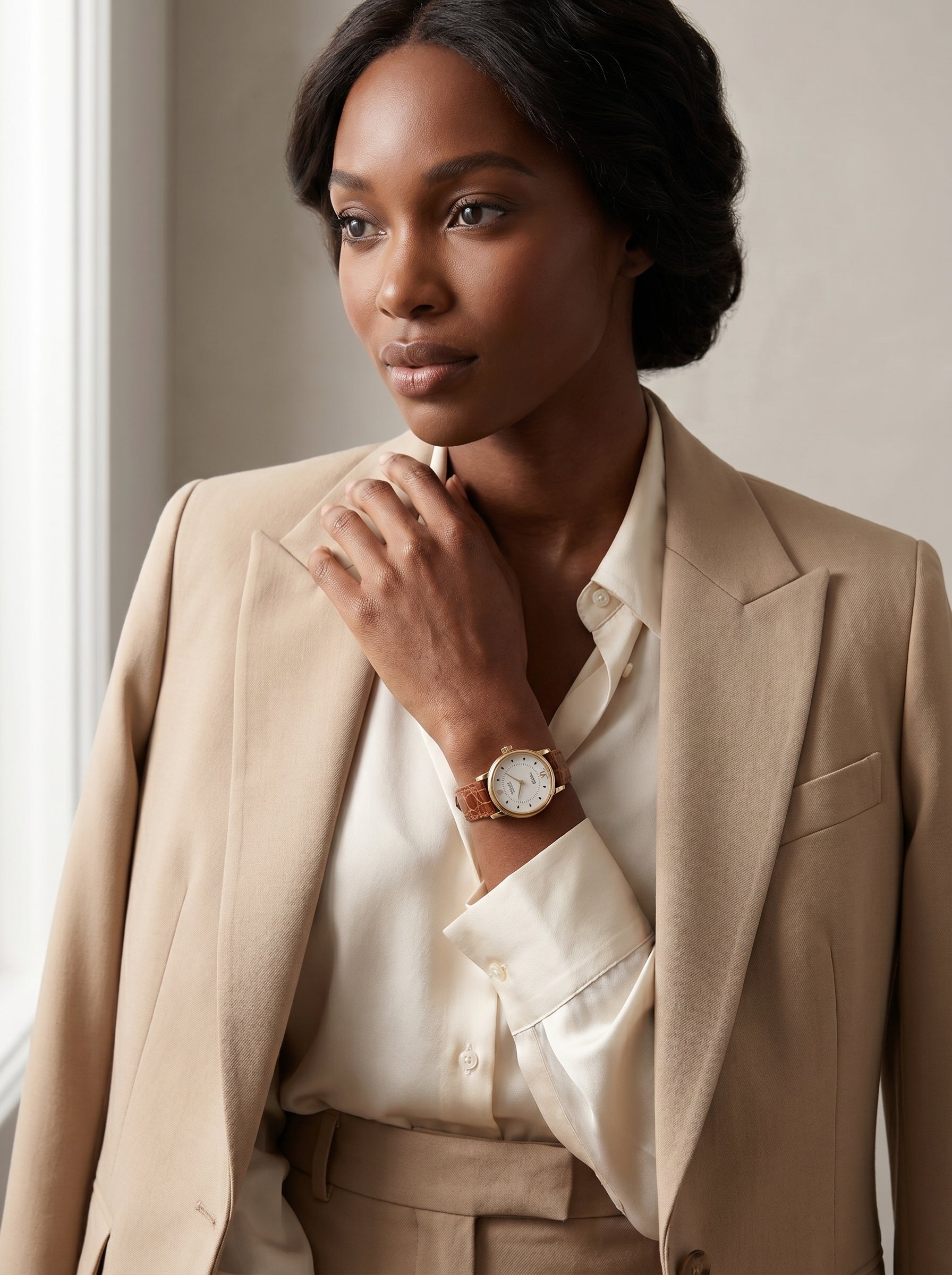 Rolex Cellini Quartz 6110-8 26mm Yellow Gold White Dial Roman Numerals Brown Leather — lifestyle editorial medium shot