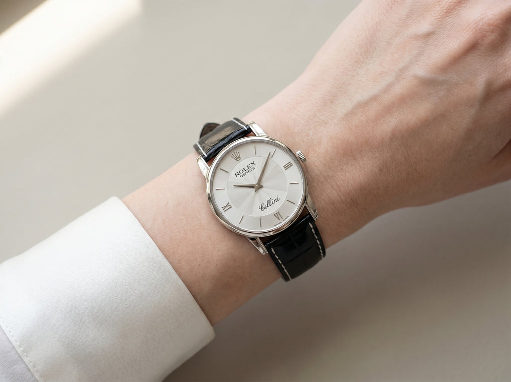 Rolex Cellini Quartz 25mm 6111-9 White Gold Silver Dial Leather Strap Smooth Bezel — lifestyle wrist close-up