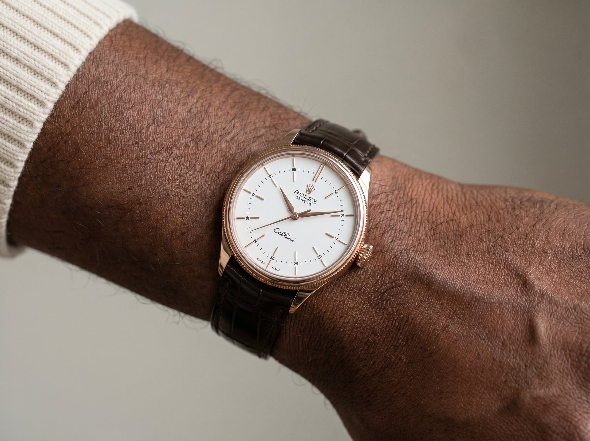 Rolex Cellini Time 39mm 50505 Rose Gold White Dial Leather Strap Domed Bezel — lifestyle wrist close-up