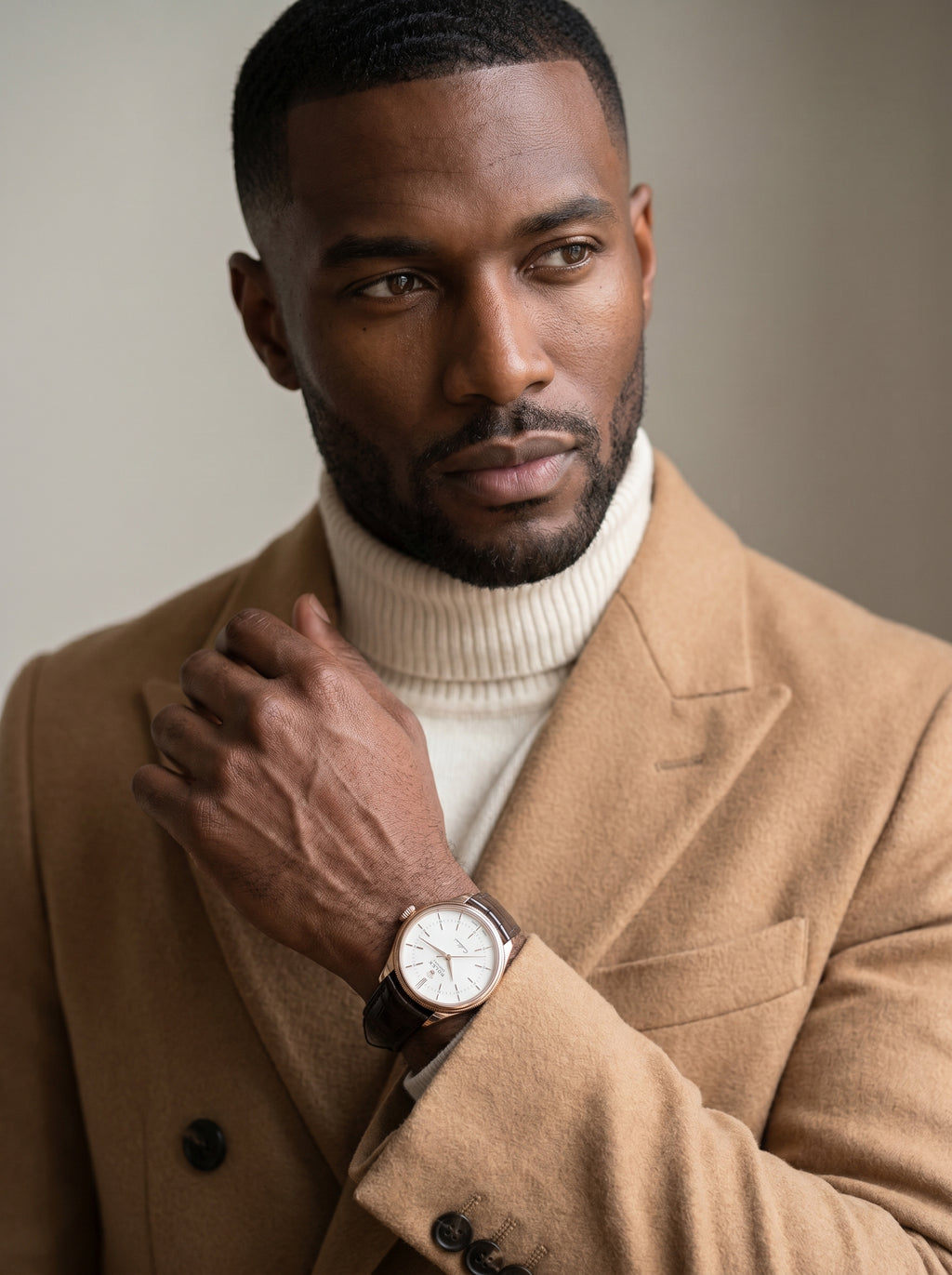 Rolex Cellini Time 39mm 50505 Rose Gold White Dial Leather Strap Domed Bezel — lifestyle editorial medium shot