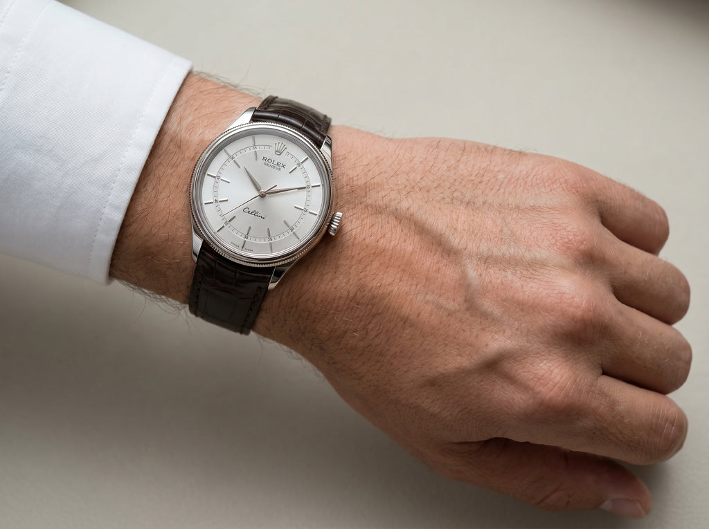 Rolex Cellini Time 50509 39mm White Gold Rhodium Dial Tobacco Leather Domed Fluted Bezel — lifestyle wrist close-up