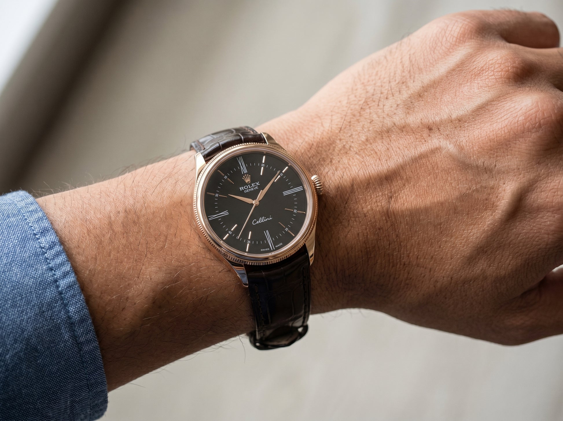 Rolex Cellini Time 50505 Rose Gold 39mm Black Dial Leather Strap Domed Bezel — lifestyle wrist close-up