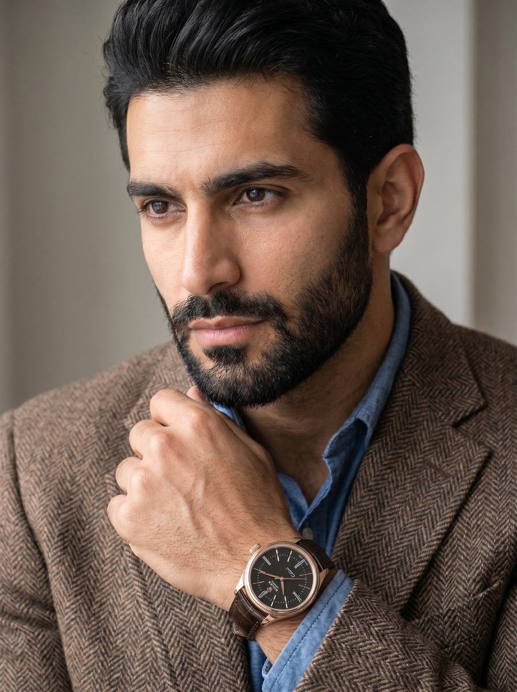 Rolex Cellini Time 50505 Rose Gold 39mm Black Dial Leather Strap Domed Bezel — lifestyle editorial medium shot