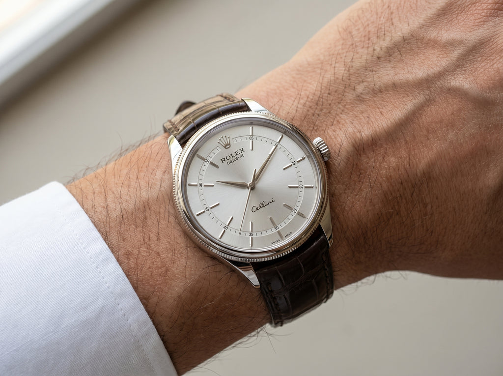 Rolex Cellini Time 50509 White Gold White Index Dial Tobacco Leather Strap Domed Fluted Bezel — lifestyle wrist close-up