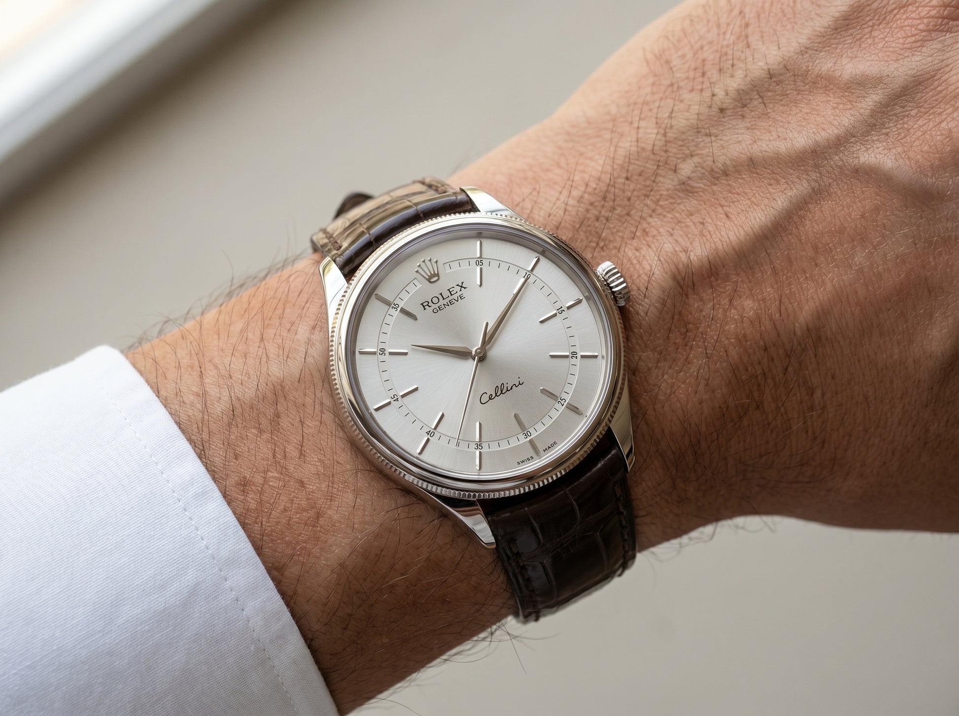 Rolex Cellini Time 50509 White Gold White Index Dial Tobacco Leather Strap Domed Fluted Bezel — lifestyle wrist close-up