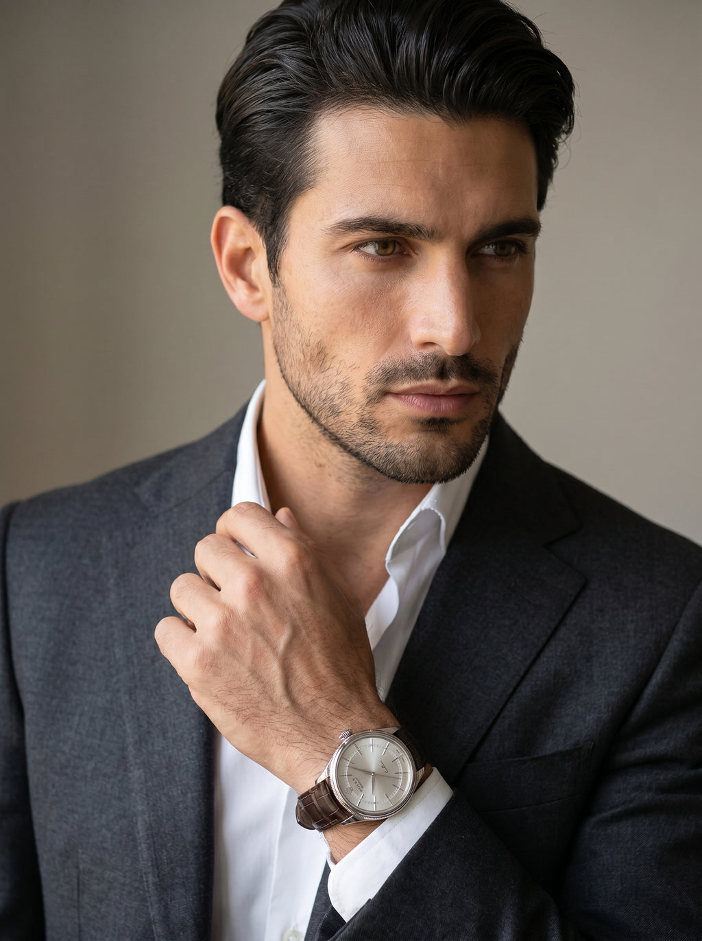 Rolex Cellini Time 50509 White Gold White Index Dial Tobacco Leather Strap Domed Fluted Bezel — lifestyle editorial medium shot