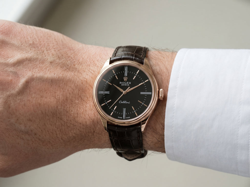Rolex Cellini Time Rose Gold Black Dial Men's Watch 50505-0008 — lifestyle wrist close-up