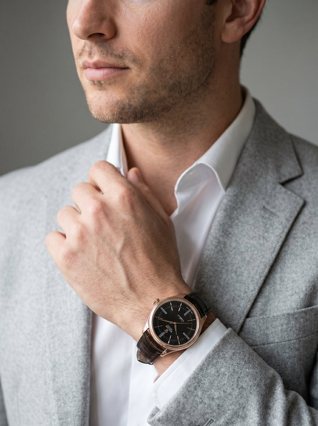 Rolex Cellini Time Rose Gold Black Dial Men's Watch 50505-0008 — lifestyle editorial medium shot