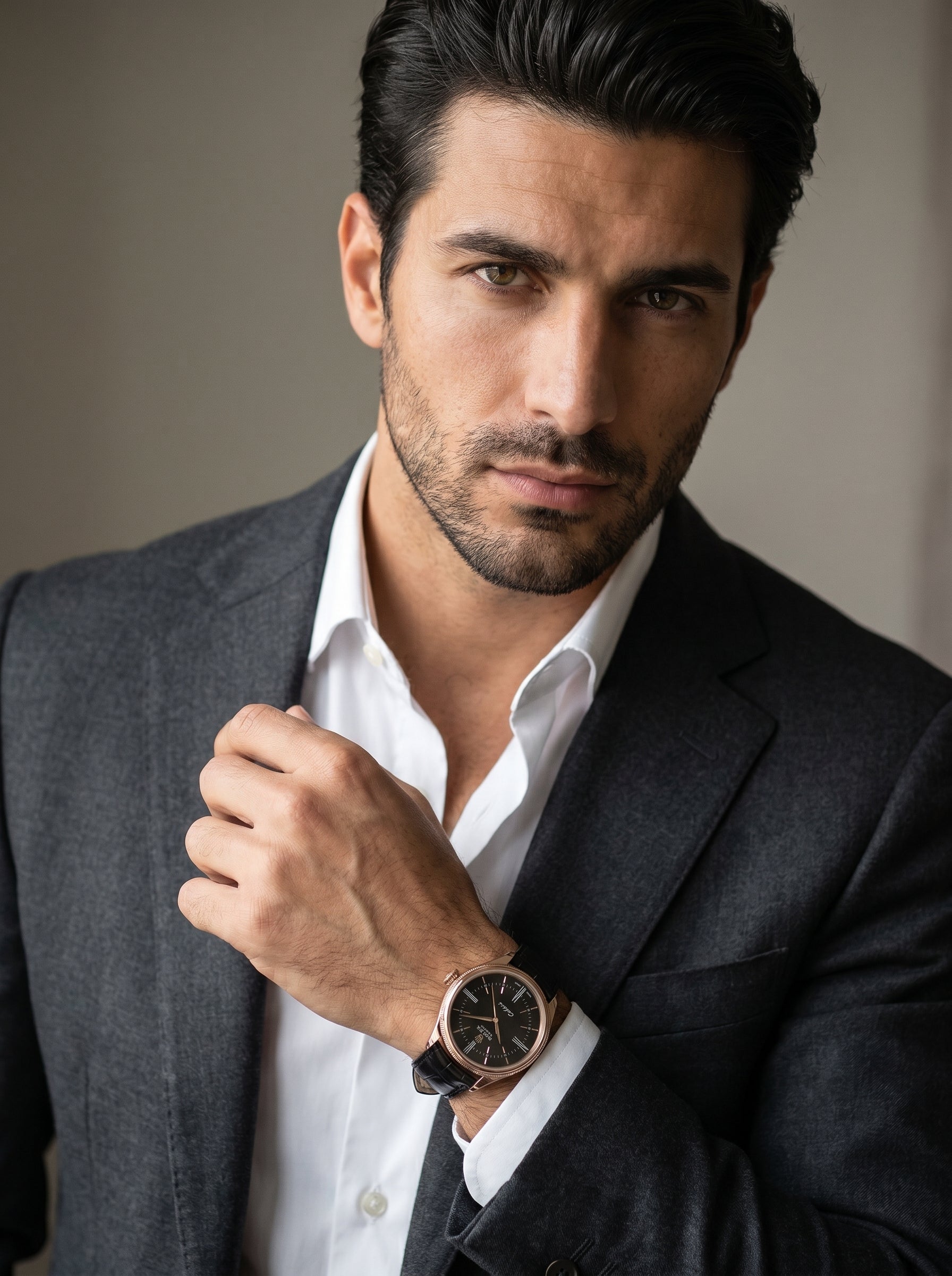 Rolex Cellini Time 50505 39mm 18k Rose Gold Black Dial Leather Strap Domed Fluted Bezel — lifestyle editorial medium shot