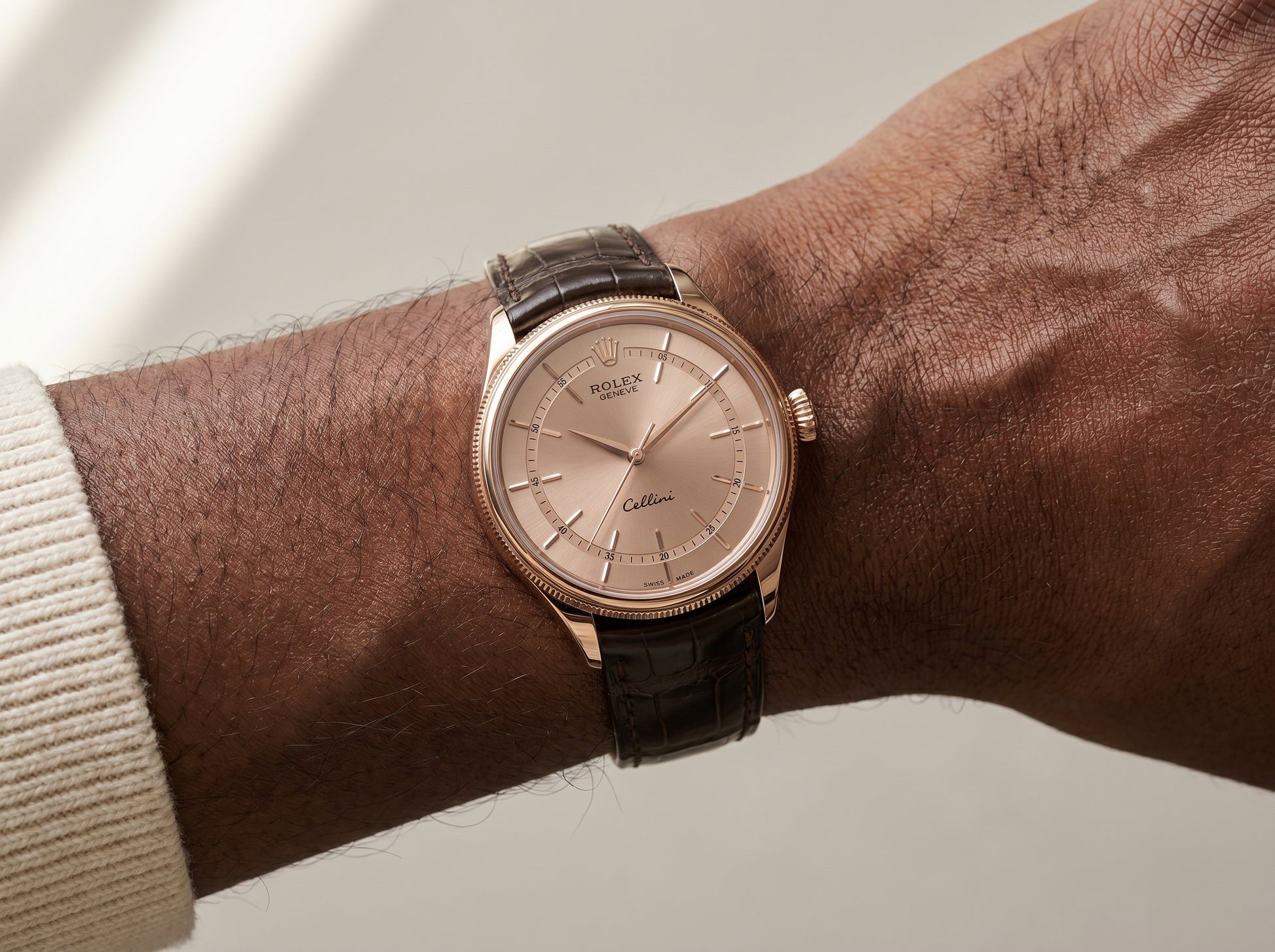 Rolex Cellini Time 39mm 50505 Rose Gold Pink Dial Leather Strap Domed Bezel — lifestyle wrist close-up