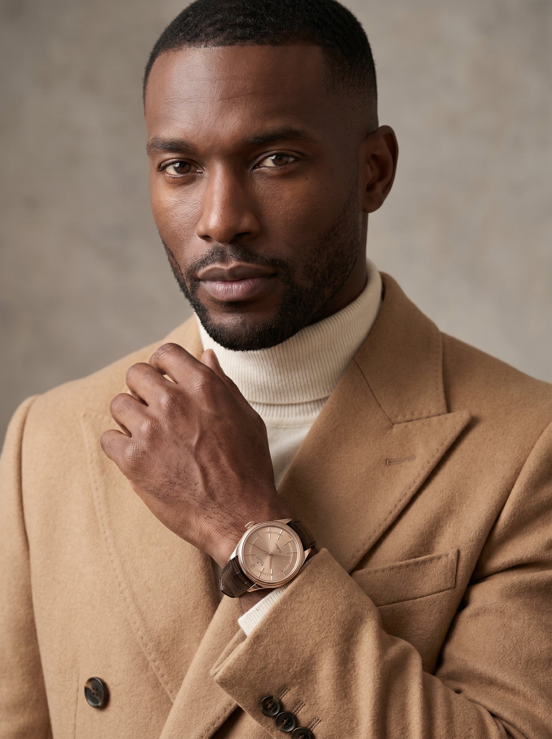 Rolex Cellini Time 39mm 50505 Rose Gold Pink Dial Leather Strap Domed Bezel — lifestyle editorial medium shot