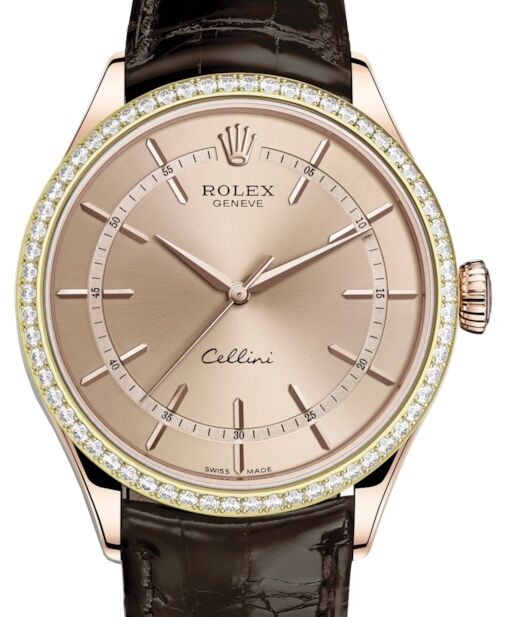 Rolex Cellini Time 39mm 50705RBR Rose Gold Pink Dial Leather Strap Diamond Bezel