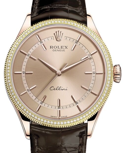 Rolex Cellini Time 50605RBR Rose Gold 39mm Pink Dial Diamond Bezel Black Leather