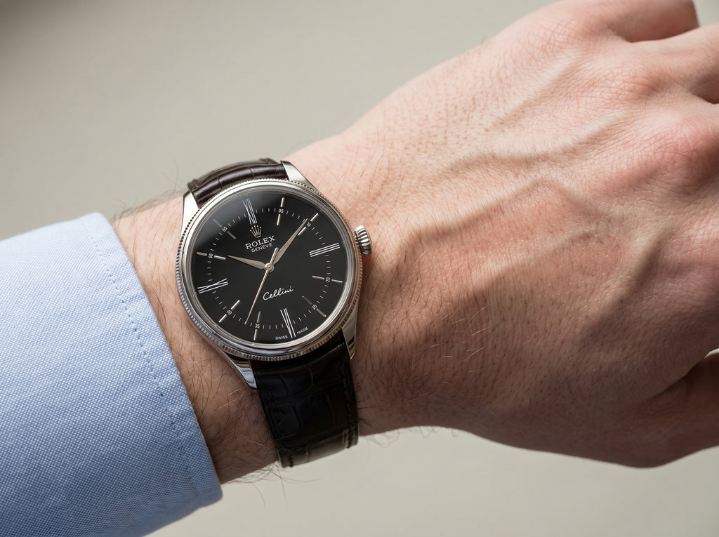 Rolex Cellini Time 39mm 50509-0022 White Gold Black Dial Alligator Leather Domed Fluted Double Bezel — lifestyle wrist close-up