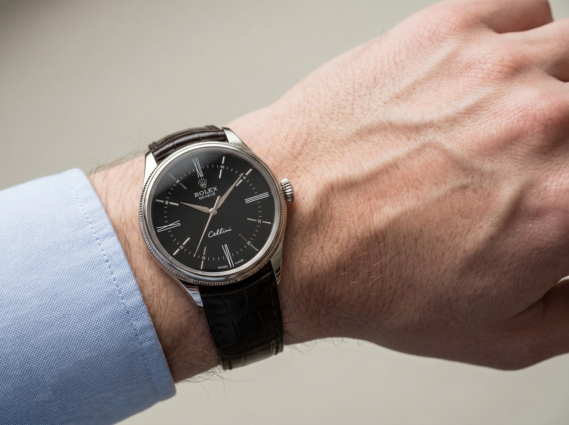 Rolex Cellini Time 39mm 50509-0022 White Gold Black Dial Alligator Leather Domed Fluted Double Bezel — lifestyle wrist close-up