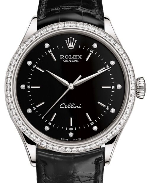 Rolex Cellini Time 50709RBR 39mm White Gold Black Diamond Dial Bezel Tobacco Leather