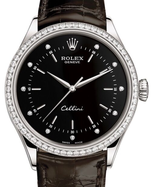 Rolex Cellini Time 39mm 50709RBR White Gold Black Diamond Dial Leather Strap Diamond Bezel