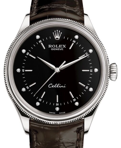Rolex Cellini Time 39mm 50509 White Gold Black Diamond Dial Tobacco Leather Domed Fluted Bezel