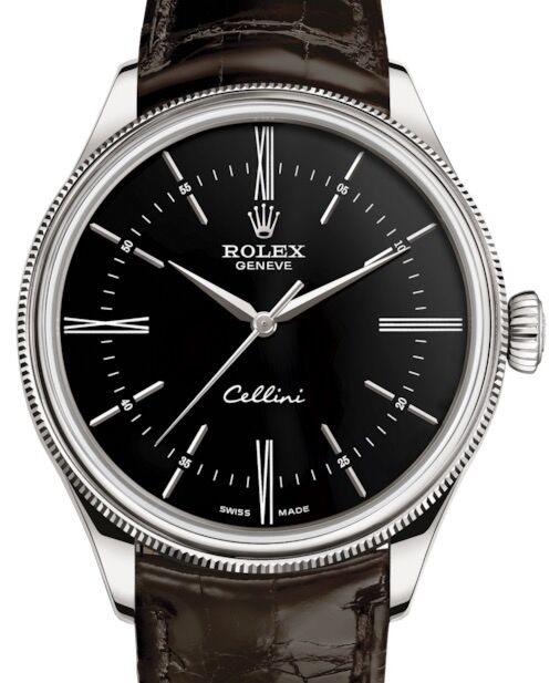Rolex Cellini Time 39mm 50509-0022 White Gold Black Dial Alligator Leather Domed Fluted Double Bezel