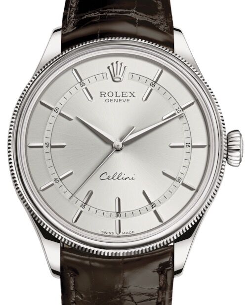 Rolex Cellini Time 50509 39mm White Gold Rhodium Dial Tobacco Leather Domed Fluted Bezel