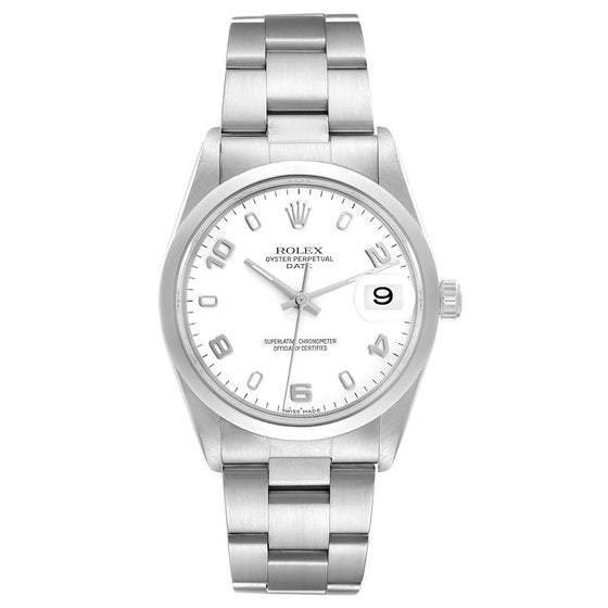 Rolex Date 15200 34mm Stainless Steel White Dial Oyster Bracelet Smooth Bezel