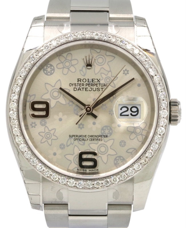 Rolex Datejust 36 116200-SLVFDO Silver Floral Motif Arabic Diamond Bezel Stainless Steel Oyster - BRAND NEW